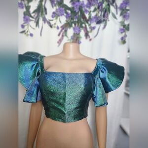 DO+BE Blue and Green Puff Sleeve Crop Top